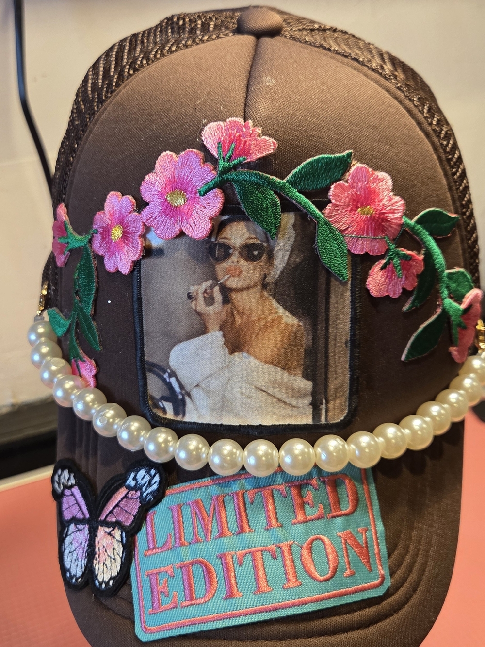 Limited Edition Brown Floral & Pearl Embellished Trucker Hat